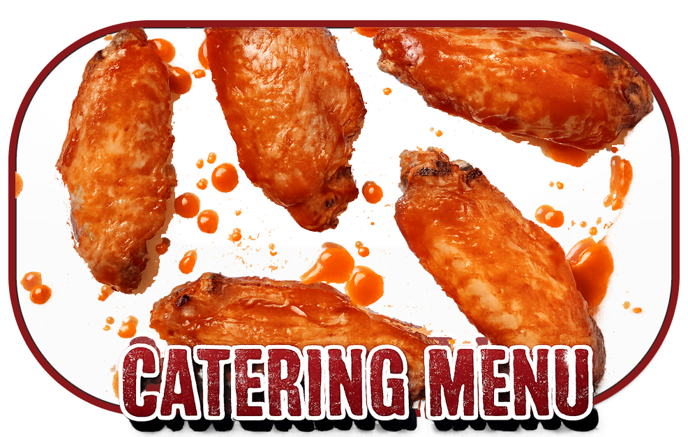 Catering menu banner with glazed chicken wings on a white plate and orange sauce drips